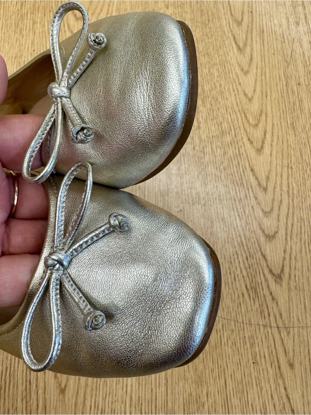 Cole Haan Yara Metallic Gold Soft Leather Ballet Flats Bow Trim 8 Fall Coquette